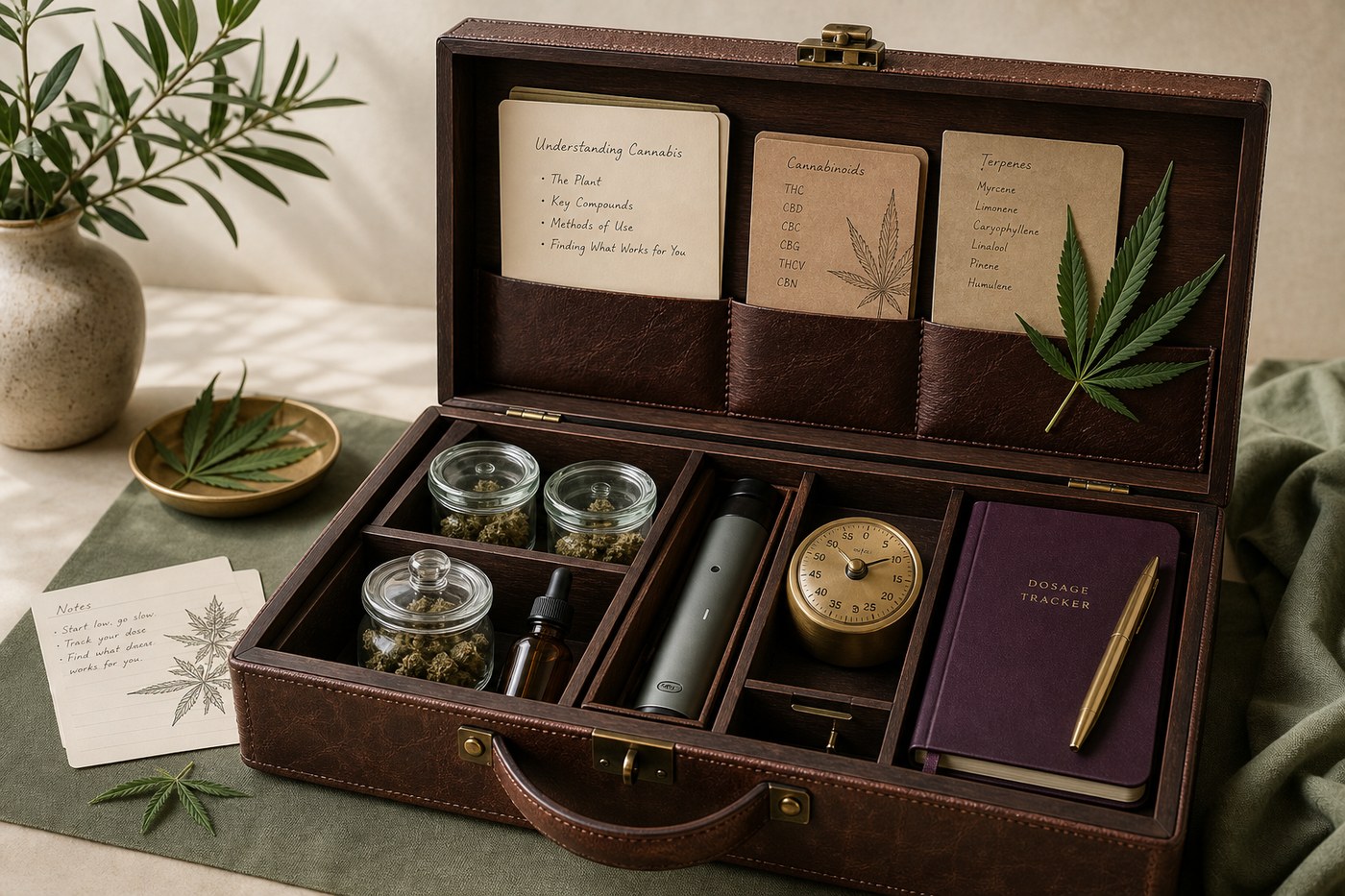 Premium leather and walnut cannabis organizer with educational notes, jars, timing tools, and a dosage tracker.