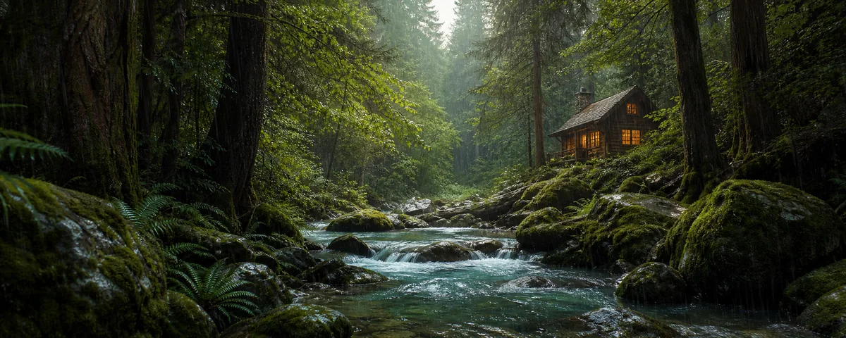 A mossy forest creek beside a cozy cabin in soft sunlight