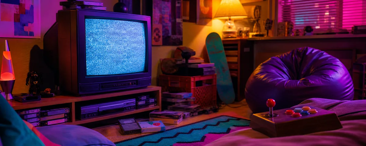 A colorful 1990s room with a CRT television, VHS tapes, and an arcade controller