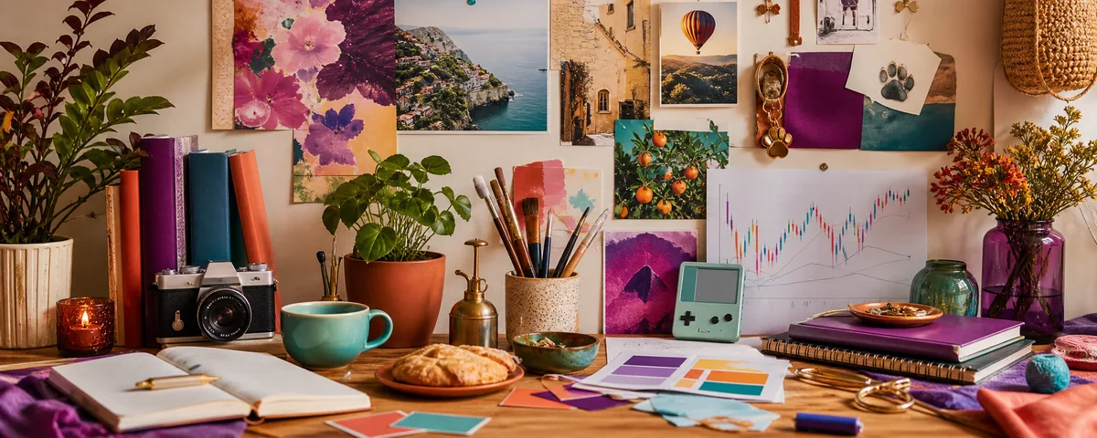 A colorful creative workspace with books, plants, travel keepsakes, a camera, coffee, and a subtle dog keepsake