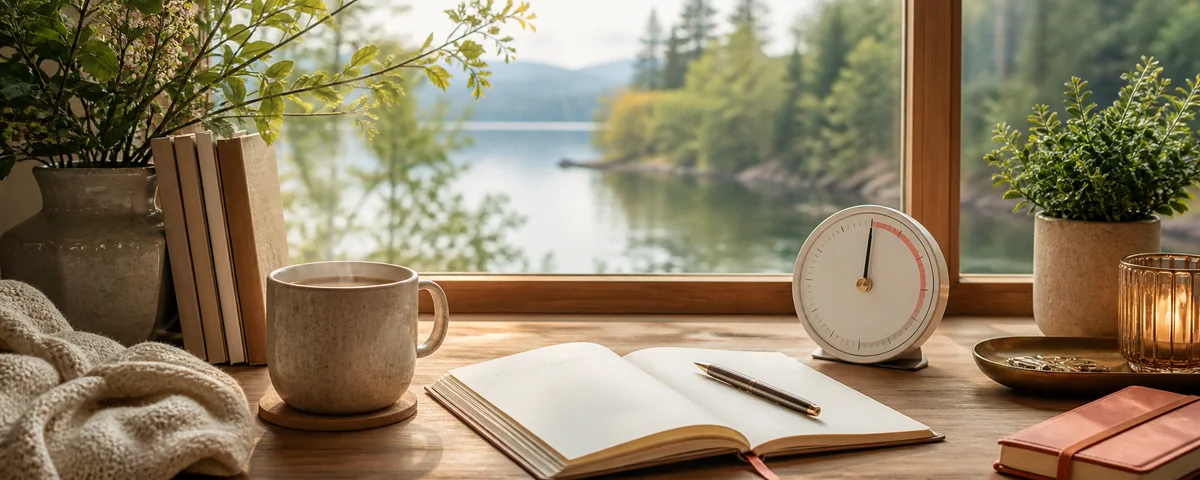A peaceful desk with a notebook, coffee, and an elegant circular timer overlooking nature