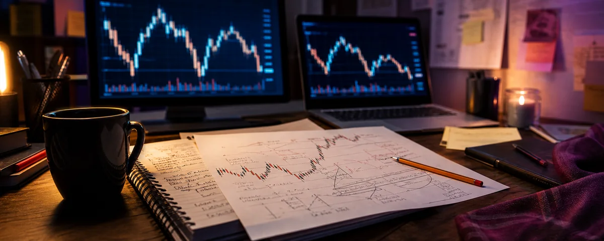 A welcoming trading desk with charts, handwritten notes, and coffee