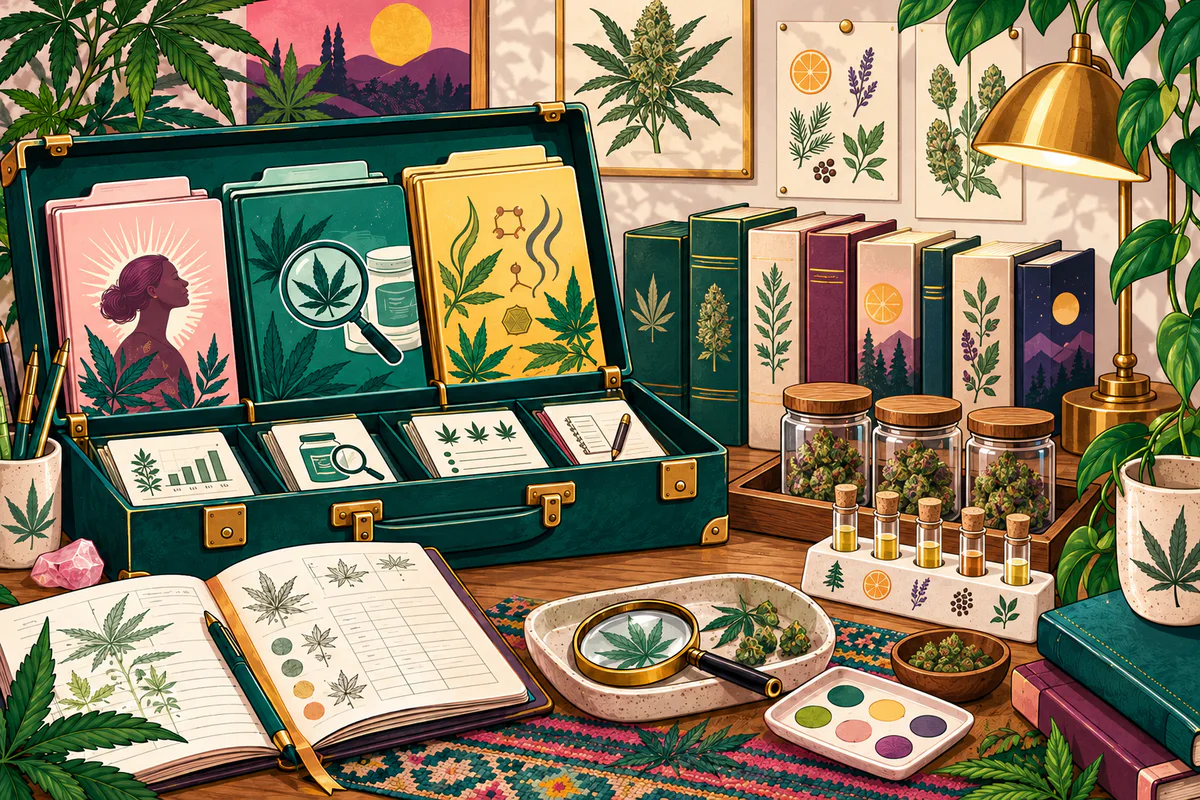 Colorful illustration of an open cannabis education toolbox with reference guides, tracking tools, jars, and aroma clues