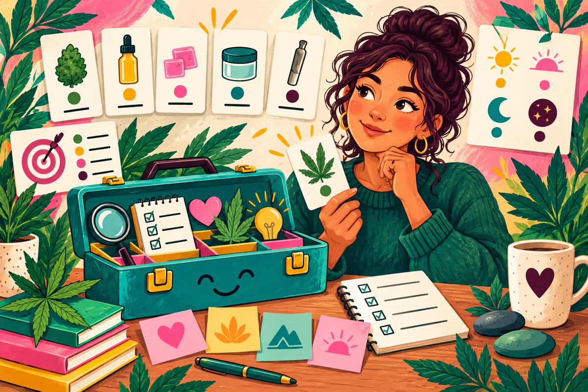 Colorful illustration of a woman choosing among cannabis methods, goals, and tools beside an open learning toolbox