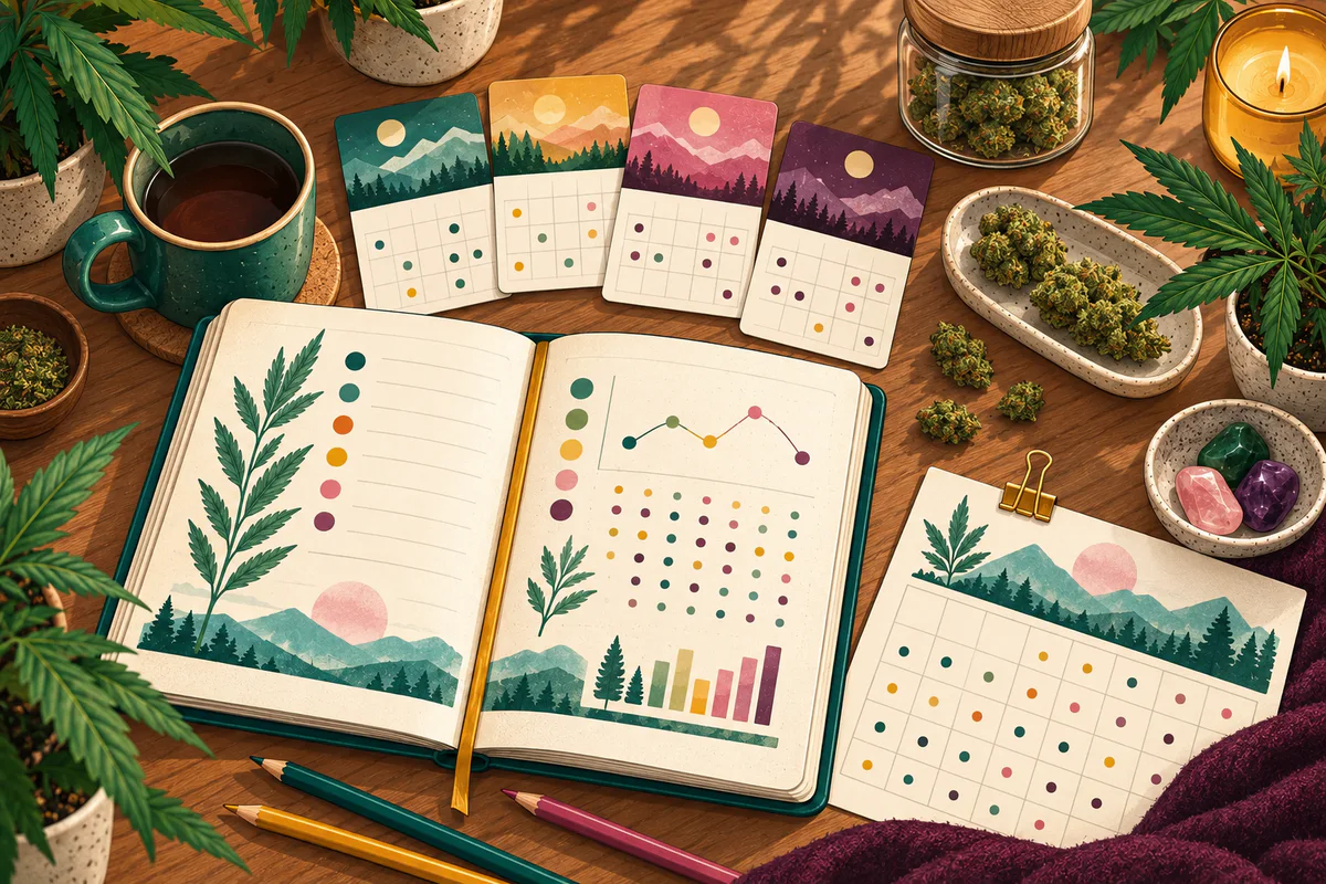 Colorful illustration of an open cannabis tracking journal, session cards, charts, and patterns emerging over time