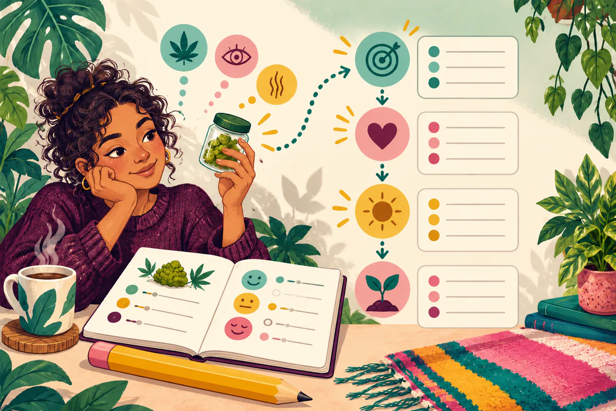 Colorful illustration of a woman comparing a cannabis jar with a tracking journal and observation symbols