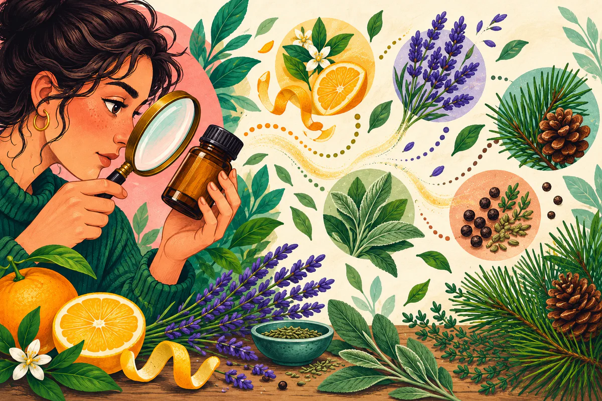 Colorful illustration of a woman inspecting a product jar beside citrus, lavender, pine, herbs, and spice aroma clues