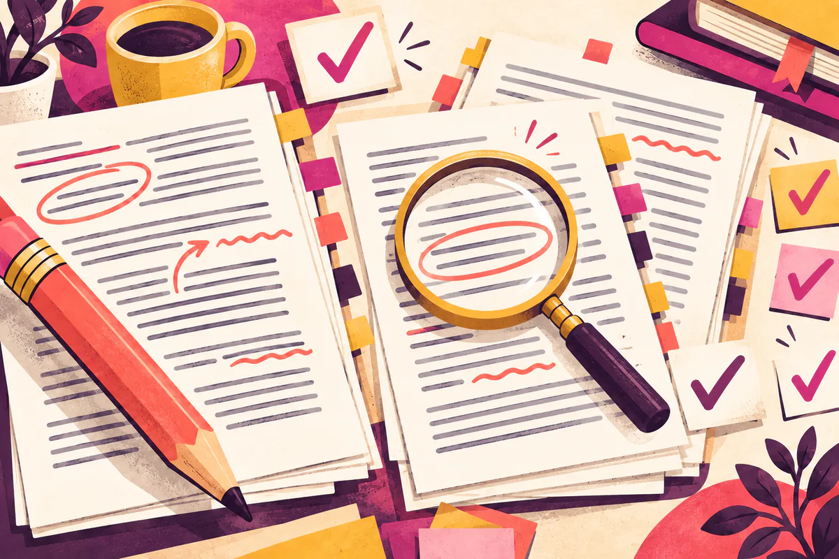 Colorful illustration of manuscript pages, proofing marks, a magnifying glass, and final checkmarks