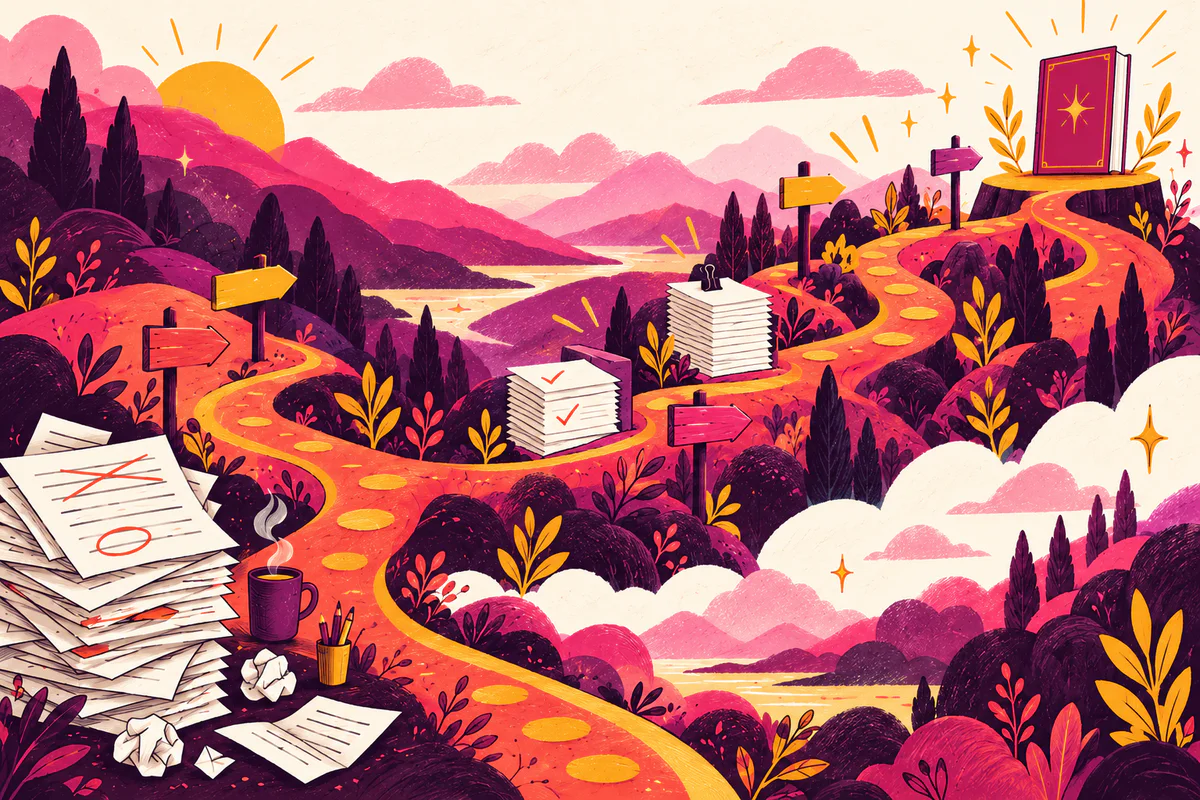 Colorful illustration of a winding path leading from messy draft pages to a finished book