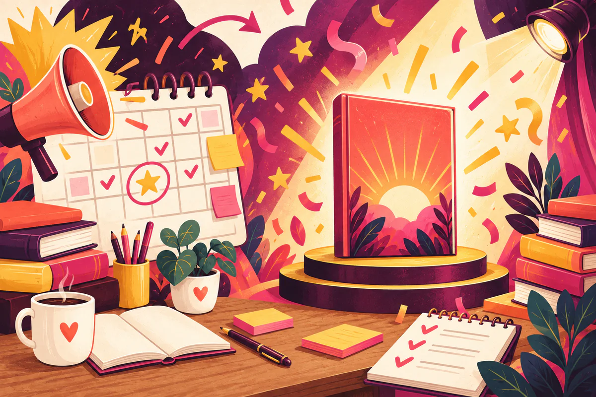 Colorful illustration of a launch calendar, megaphone, spotlighted book, checklist, and confetti