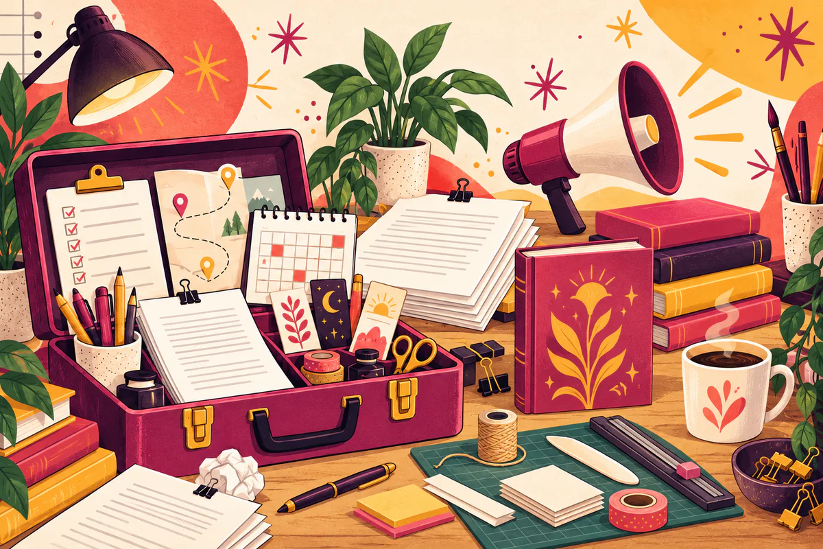 Colorful illustration of an open author toolbox filled with manuscript, planning, launch, and bookmaking tools