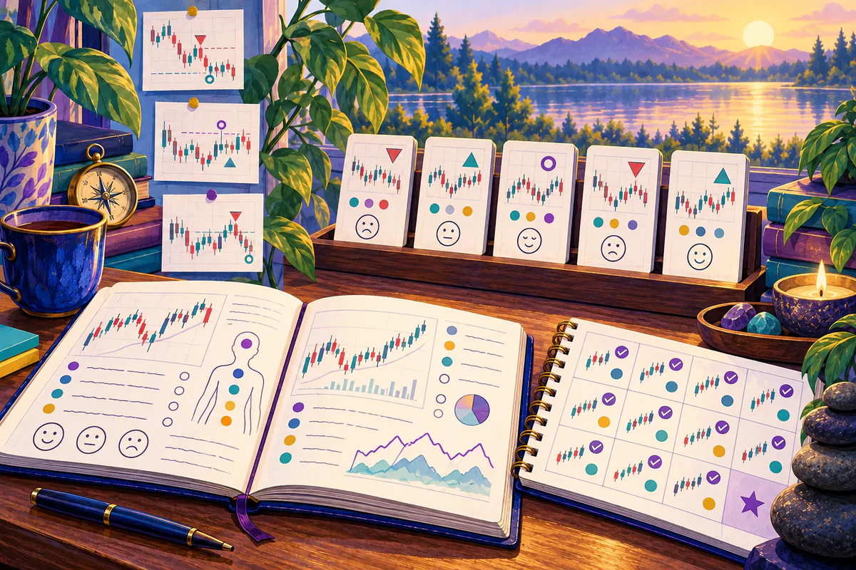 Colorful illustration of trading journals, review cards, charts, mood checks, and patterns becoming clearer over time