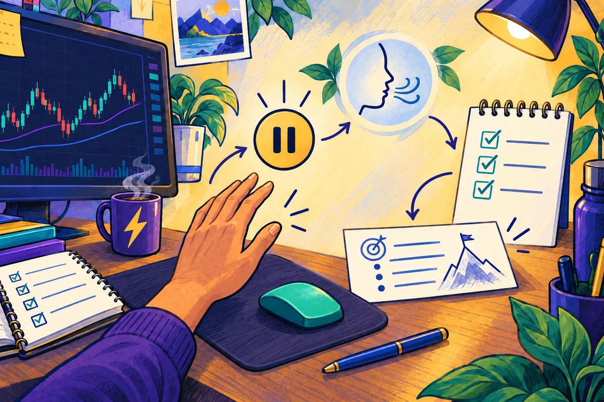Colorful illustration of a trader pausing before the mouse to breathe, check the chart, and review a plan