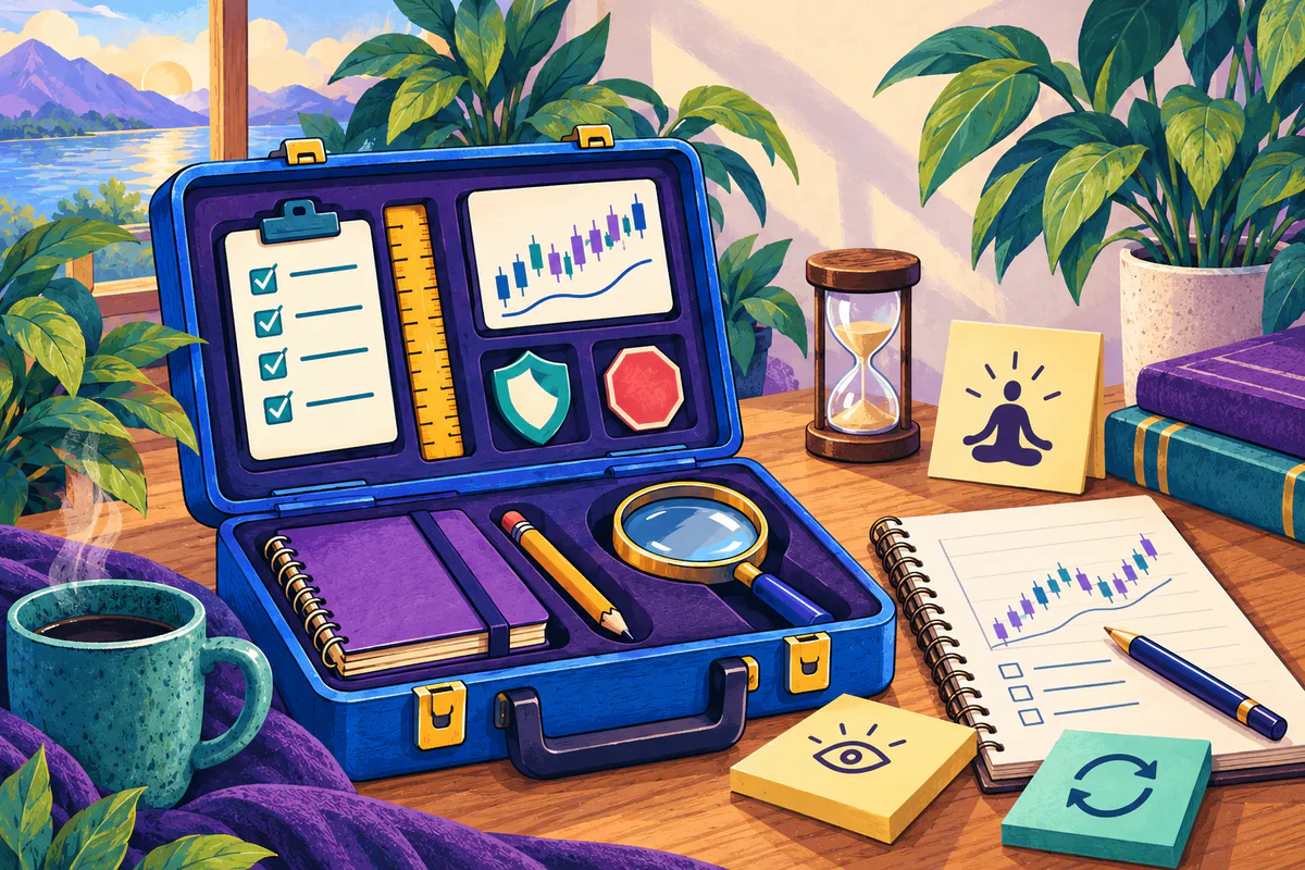 Colorful illustration of an open trading toolbox with a chart, checklist, risk ruler, notebook, and review tools