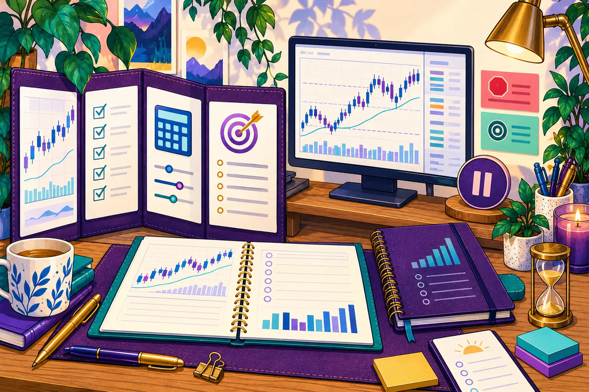 Colorful illustration of an organized trading workstation with chart analysis, checklist, risk tools, journals, and a pause cue