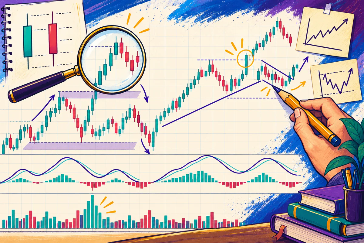 Colorful illustration of candlestick charts, trend lines, volume, a magnifying glass, and a pencil tracing evidence