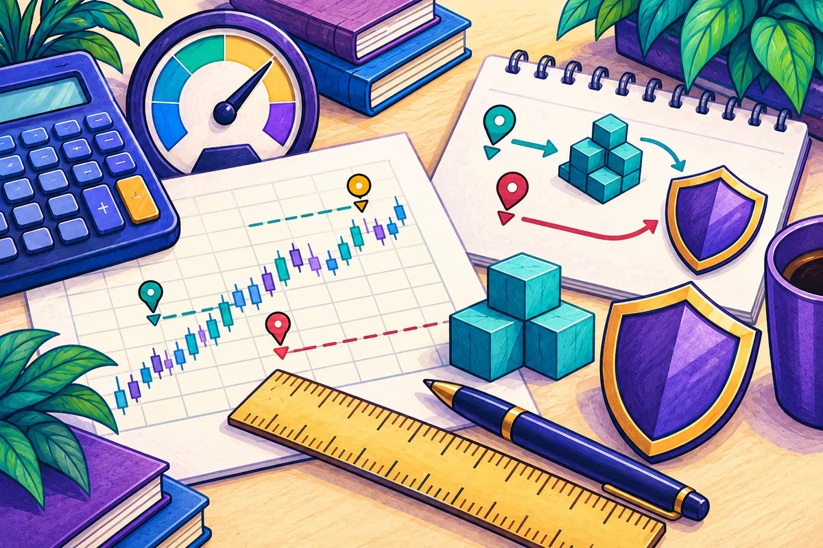 Colorful illustration of a calculator, risk gauge, entry and stop markers, position-size blocks, ruler, and shields