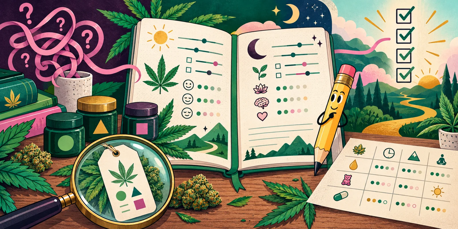 Colorful illustration of a cannabis journal, product labels, tracking sheet, and checklist used to notice personal patterns