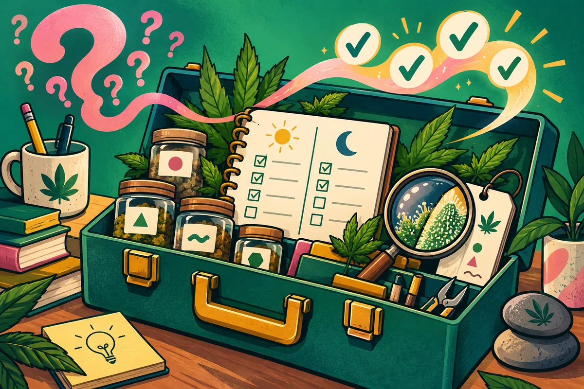 Illustration of a cannabis toolbox with a tracking journal, labeled jars, and completed check marks