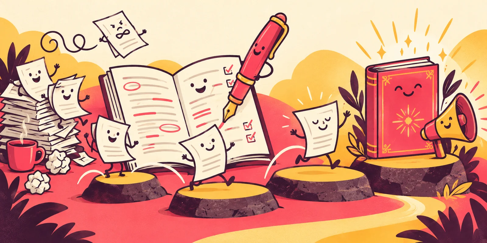 Colorful illustration of manuscript pages moving through editing and publishing toward a finished book