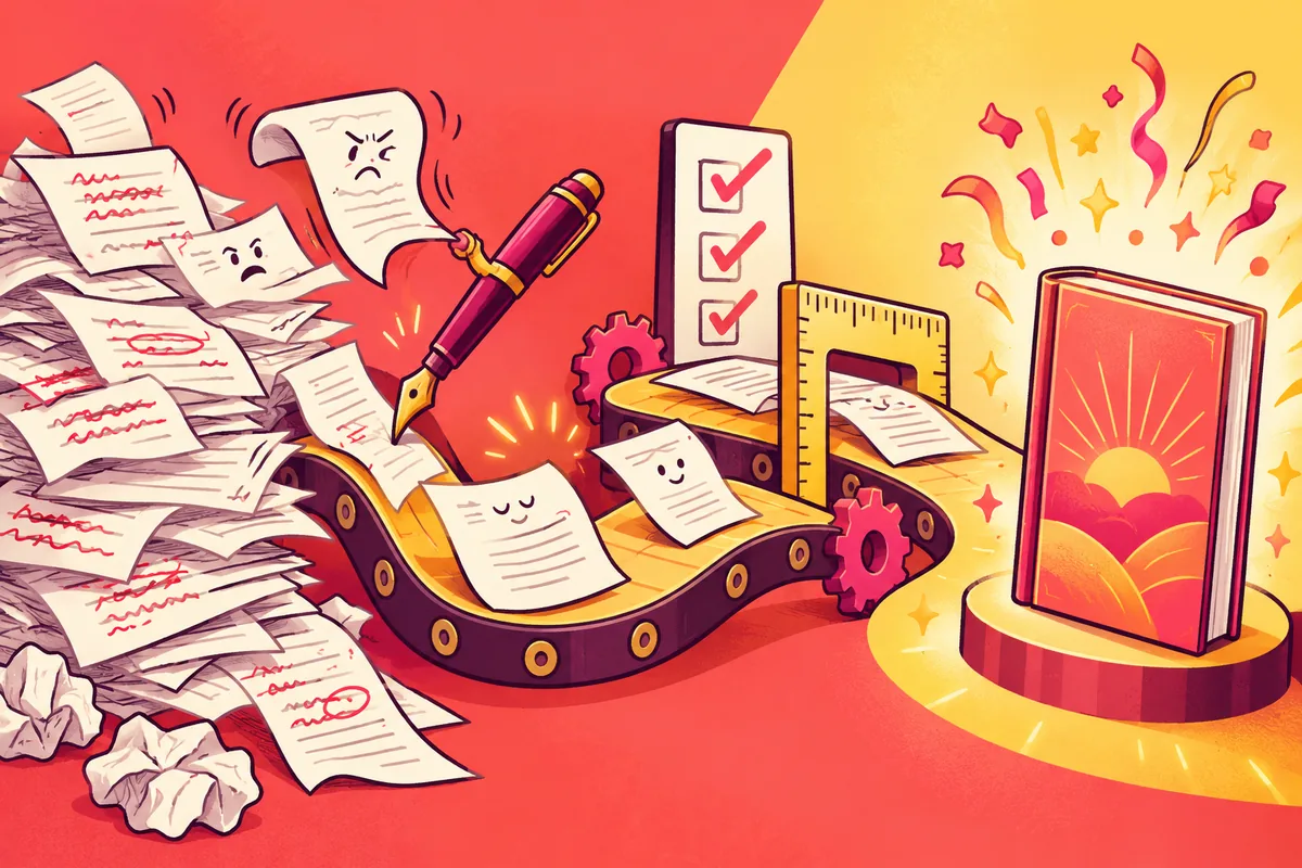 Illustration of scattered manuscript pages becoming an organized publishing checklist and finished book