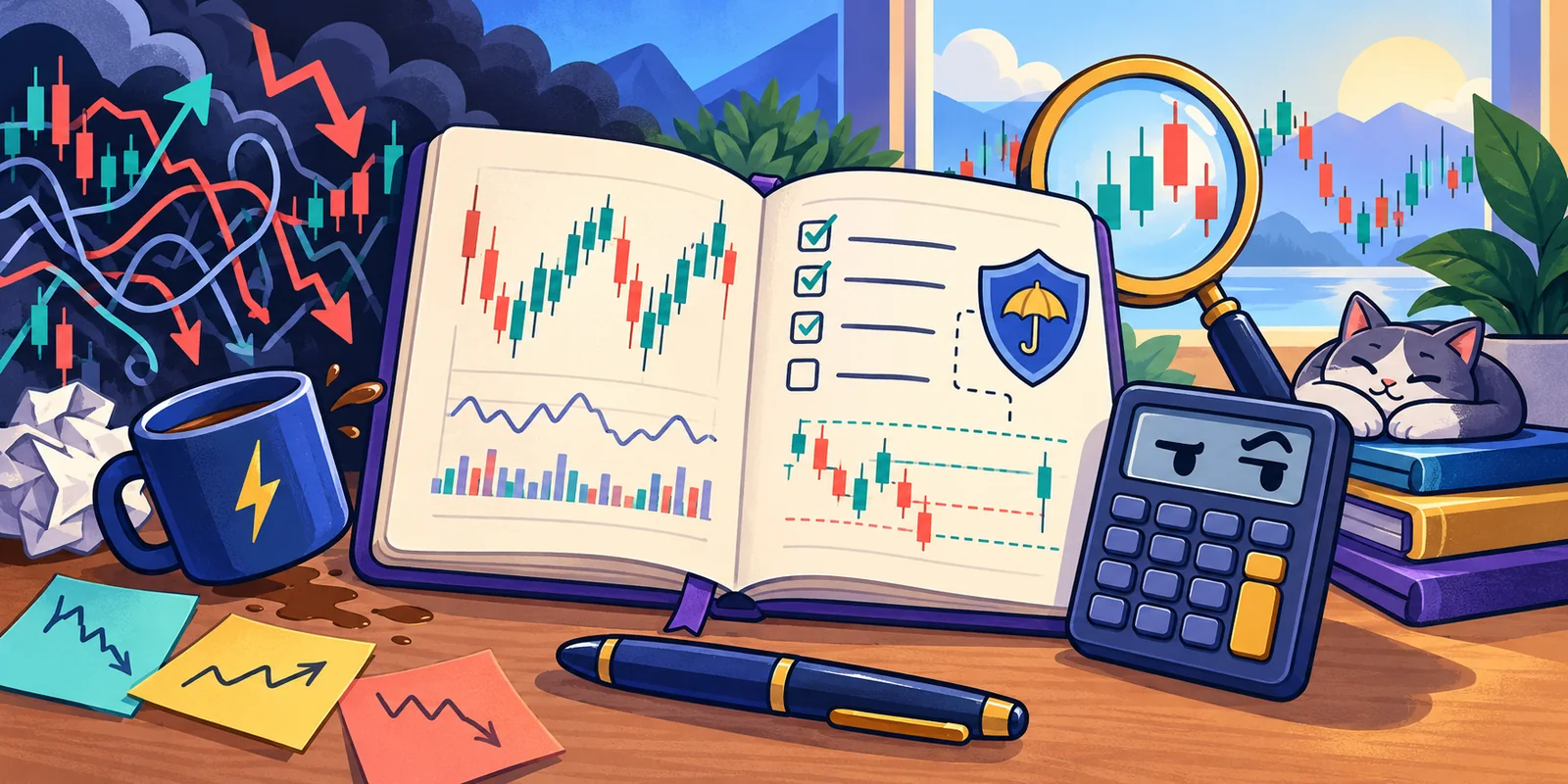 Colorful illustration of a trading journal, chart checklist, risk calculator, and calmer market view
