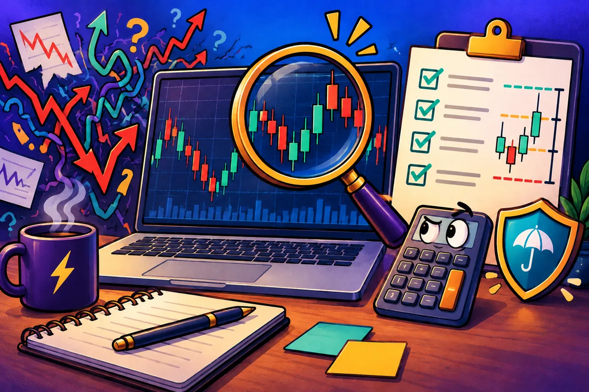 Illustration of a trading desk transforming market noise into a chart, checklist, and risk plan