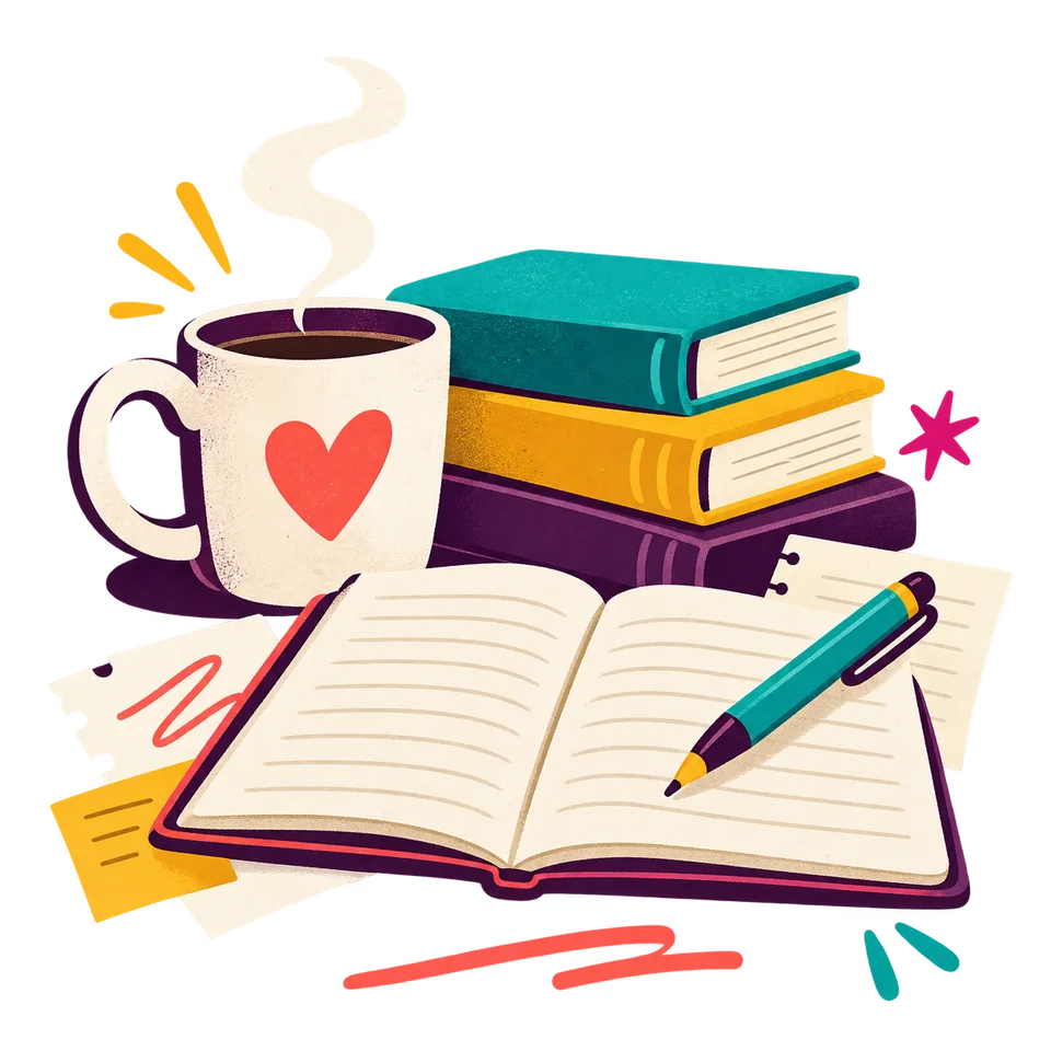 Colorful illustration of coffee, books, an open notebook, and a pen