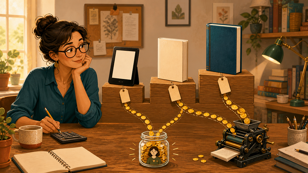 An author comparing price-tagged book formats as royalty coins flow toward her earnings