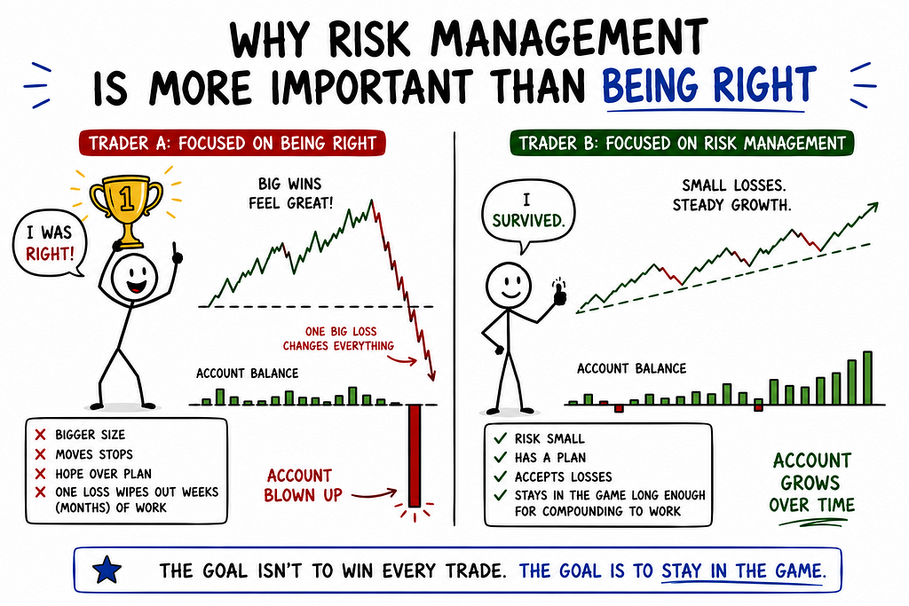 An illustrated comparison showing why risk management matters more than being right about a trade