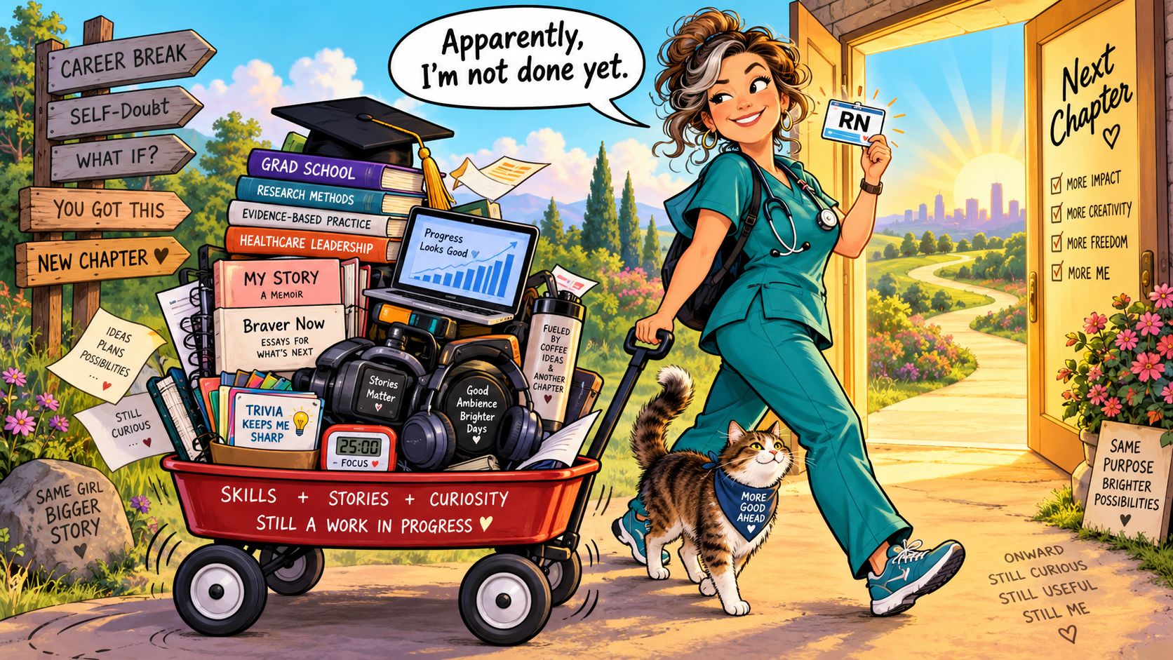Illustrated woman in scrubs pulling a wagon of books and creative side projects toward her return to nursing